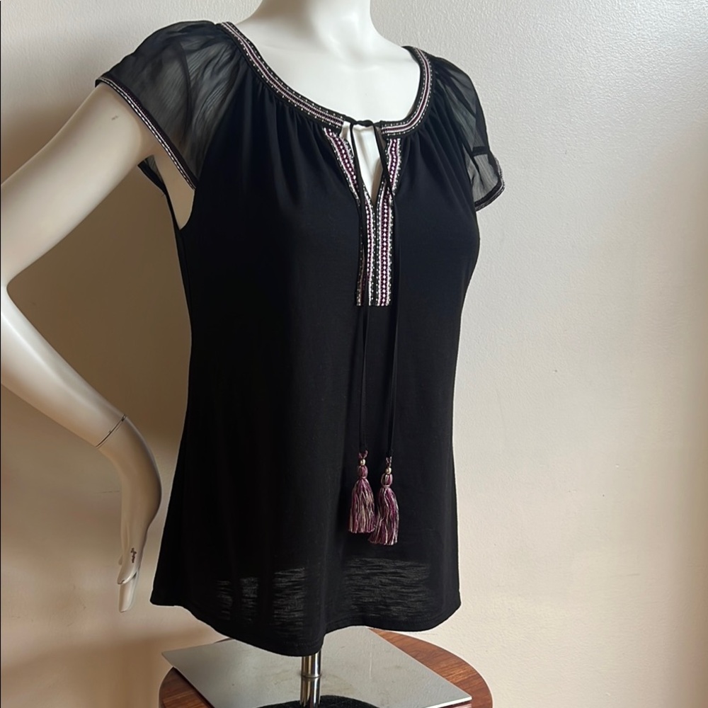 White House Black Market Black Cap Sleeve Blouse with Tie Front